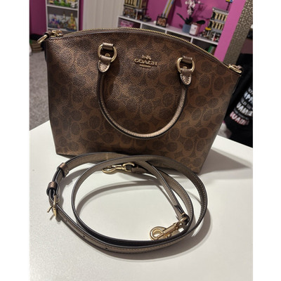 Coach Brown Monogram Satchel Top Handle Bag with Detachable Strap Gold Hardware