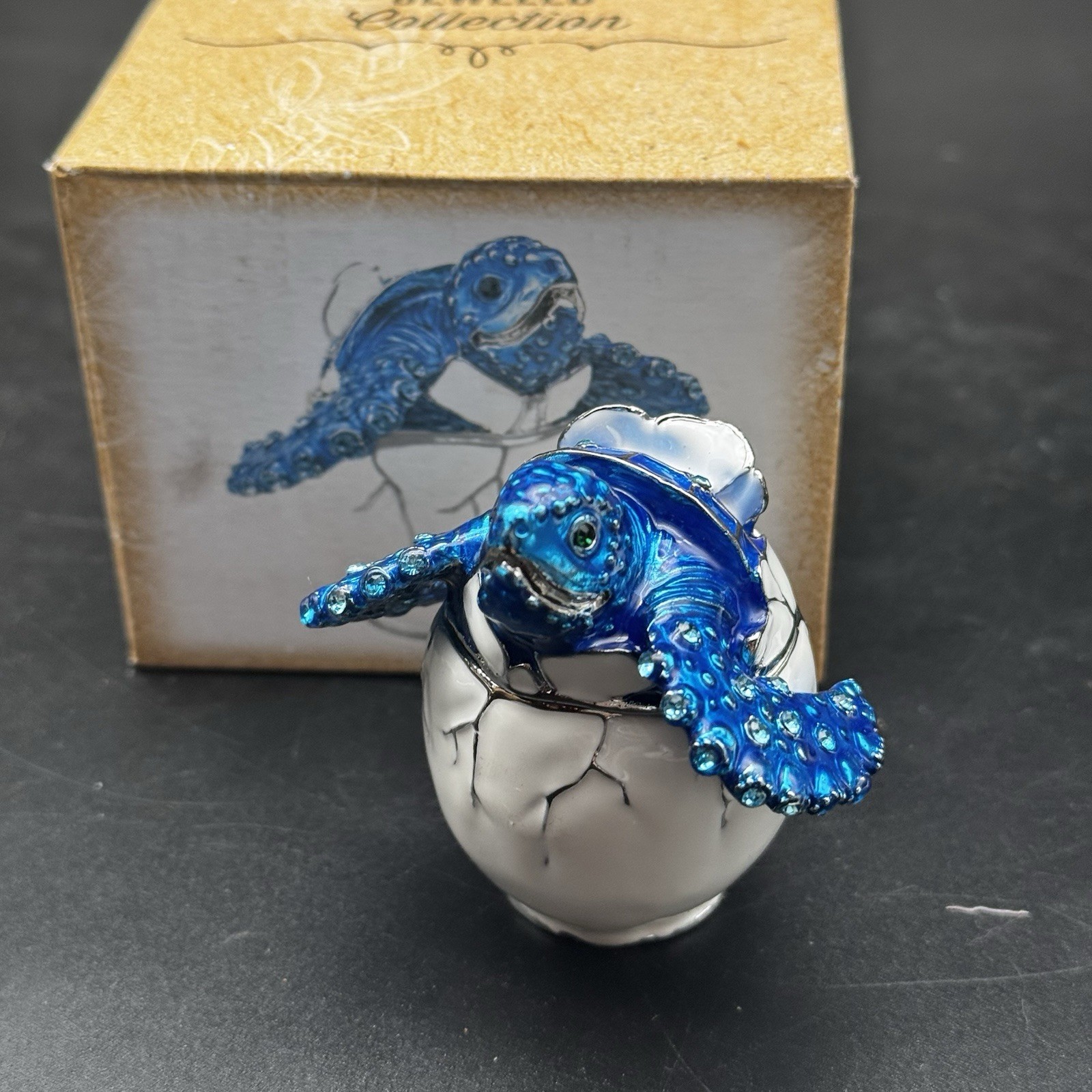 Jeweled Collection Blue Sea Turtle in Egg Hinged Trinket Box with Crystals