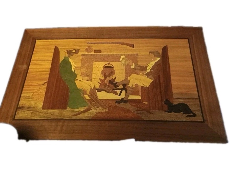 Vintage Wood Marquetry Inlay Interior Scene Handmade Wall Art Plaque 22"x14"