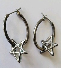 Silver Tone Hoop  Star Dangle Earrings