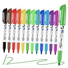 Permanent Markers Assorted Colors, Fine Tip, 12 Vibrant 1 Count Pack of 12