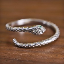 Size adjustable, Sterling silver ring, 925 snake wrap band with green enamel