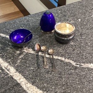 Antique Silver Salt Cellar Cobalt Purple Liner & Spoons Scrap Silver Lot Denmark