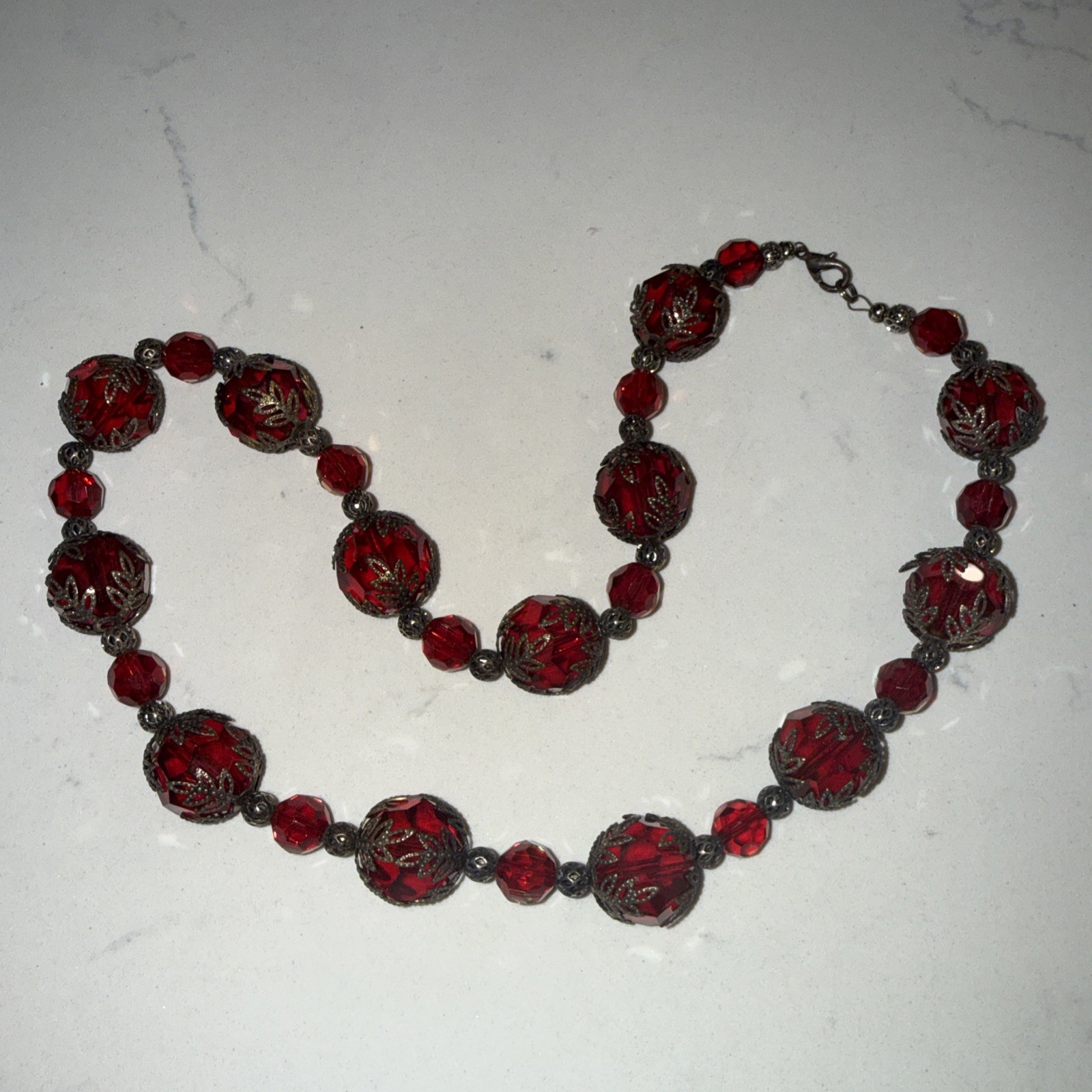 Art Deco Cherry Red Glass Silvertone Metal Knot Necklace