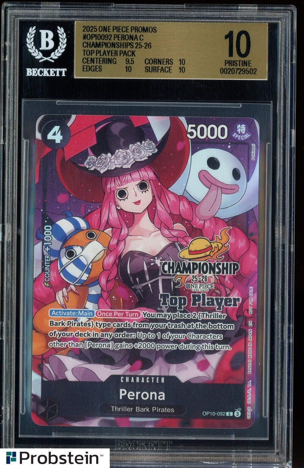 2025 One Piece Promos OP10092 Perona C Championship Top Player Pack BGS 10