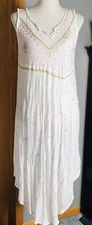 Pink Swirl Embroidery Swing Dress OS White Asymmetric Flowy Beach Boho Fairy