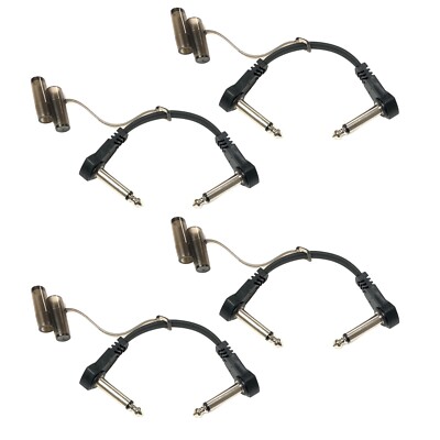 (4 Pack) 1/4'' TS Flat Patch Cable, 4 inch, Black, Right-Angle w/Protective caps