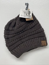 CC Beanie Tail Brown Soft Stretch Cable Knit Messy High Bun Ponytail Beanie