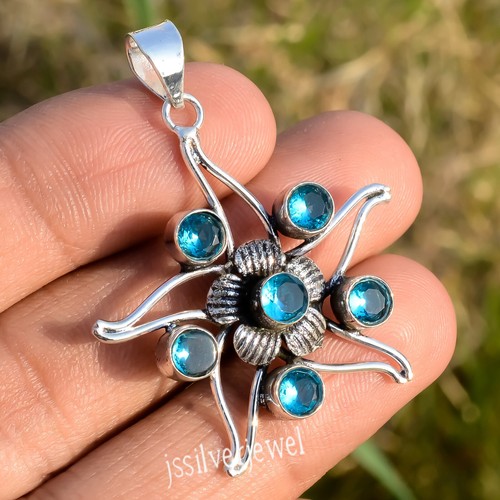 Pendentif Argent 925 Fait Main, Pierre Topaze Bleue London Blue Créée En Labo