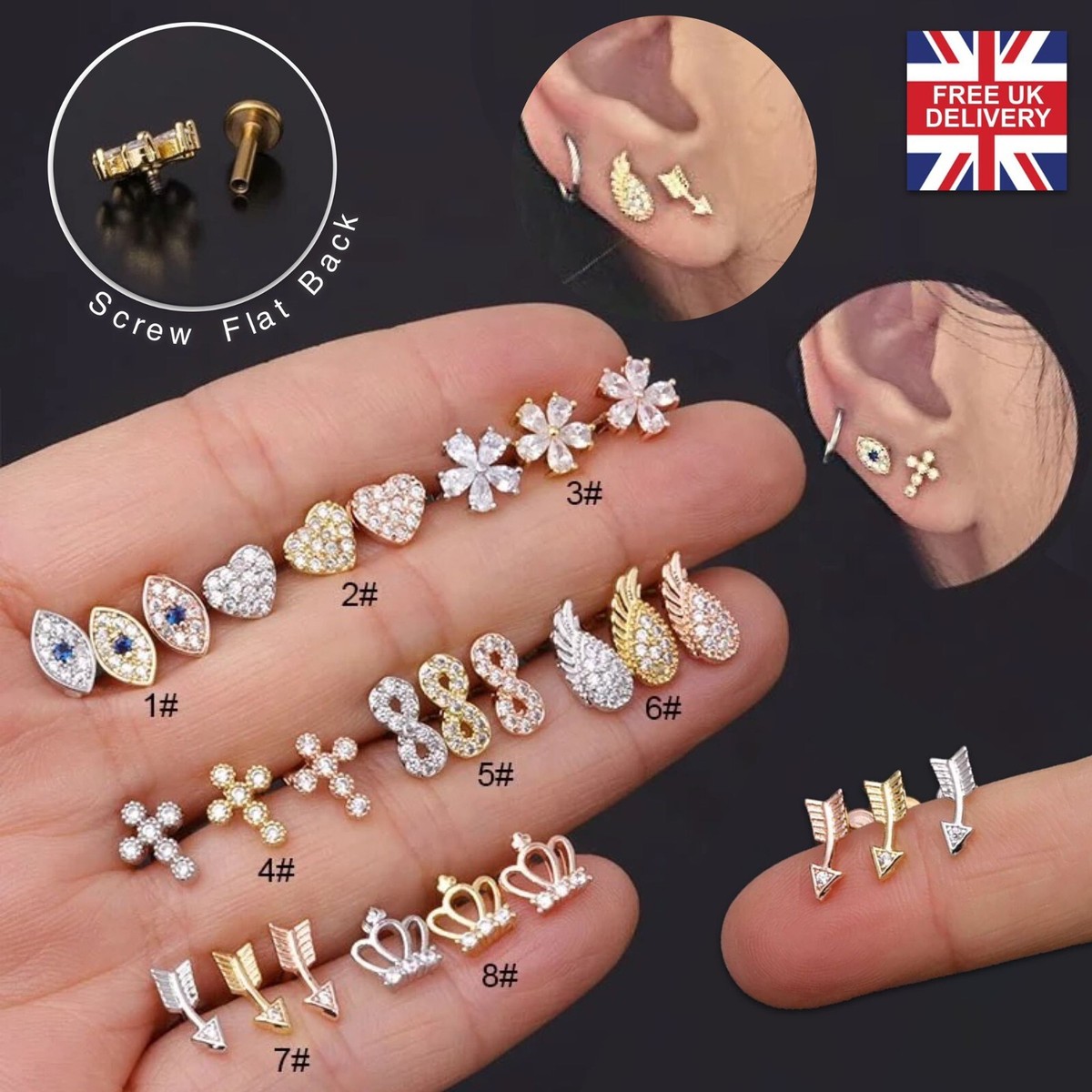 Labret Ear Lip Piercing Stud Gem 316L Screw Flat Back Bar Tragus