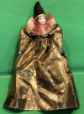 Vtg Porcelain Harlequin Pierrot Posable Doll Gold Dress Teardrop Wind Up  Music | eBay