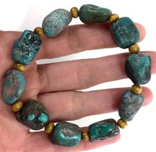 Blue Turquoise Bracelet Rough Nugget/Wood Beads Kingman Healing Gemstone 7.75"