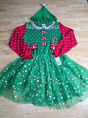 Girls Green & Red Knit Christmas Elf Hoodie Holiday Tulle Dress X-Large |  eBay