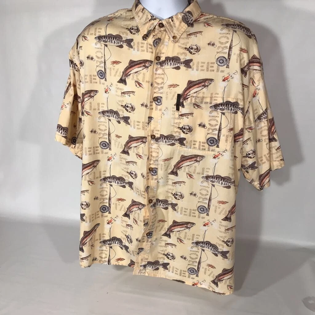 North River Mens Button-Up Shirt Beige Fishing Trout Bass Short