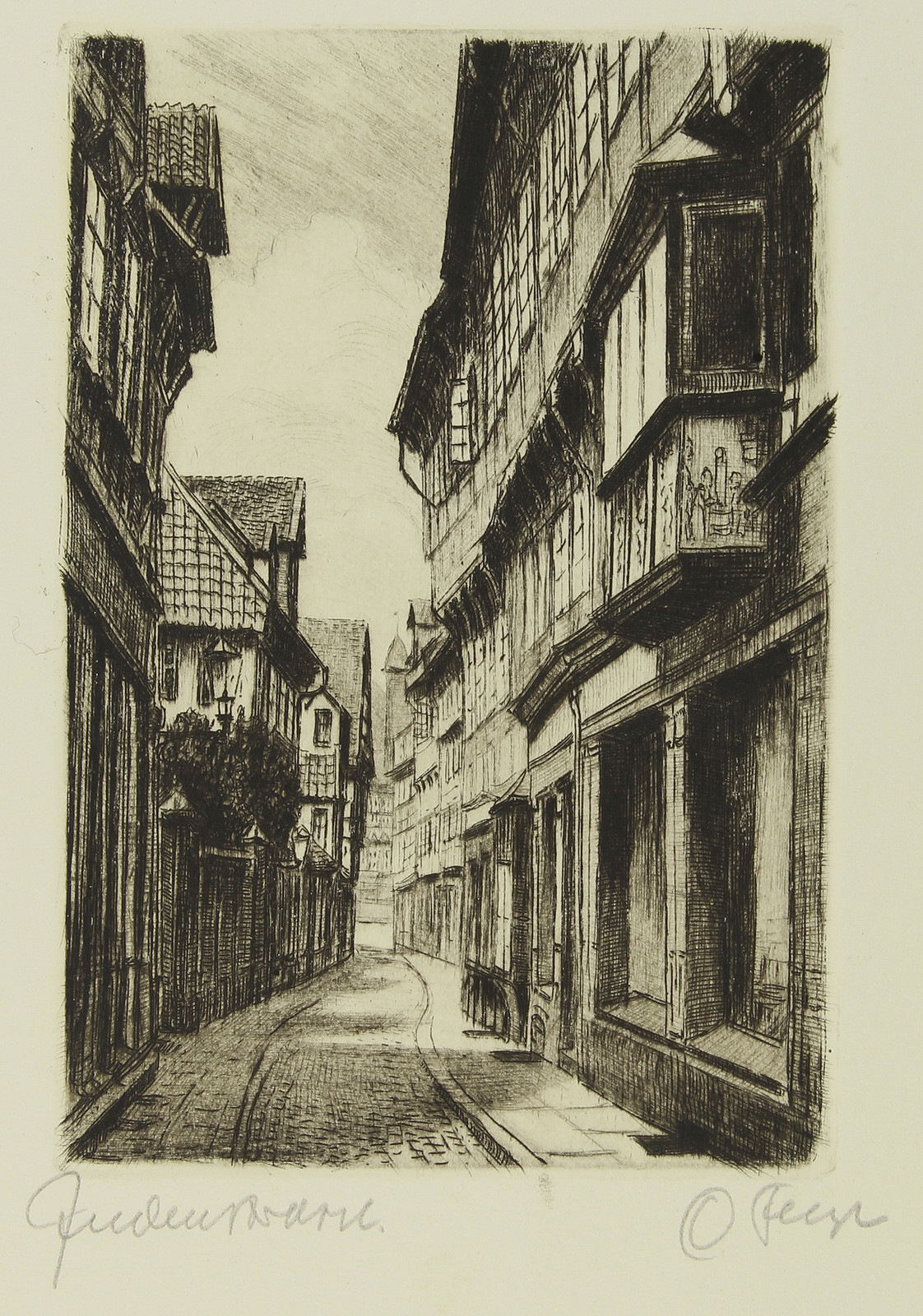 Carl Fleege: Judenstrasse (Hildesheim). Sehr schöne Aquatinta-Raidierung.
