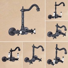 Oil Rubbed Bronze Bathroom Basin Sink Faucet Dual Handles Mixer Tap Wall Mount