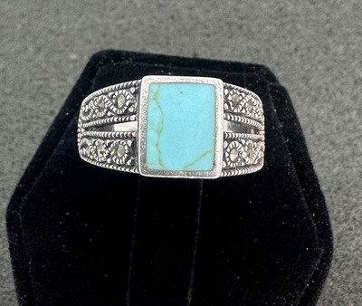 Sterling Silver Ring Faux Turquoise Marcasite Size 7