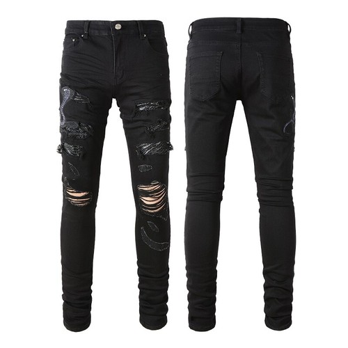 Men's Elastic Cloth Slim King Cobra embroidery Ripped Jeans Retro Black Pants