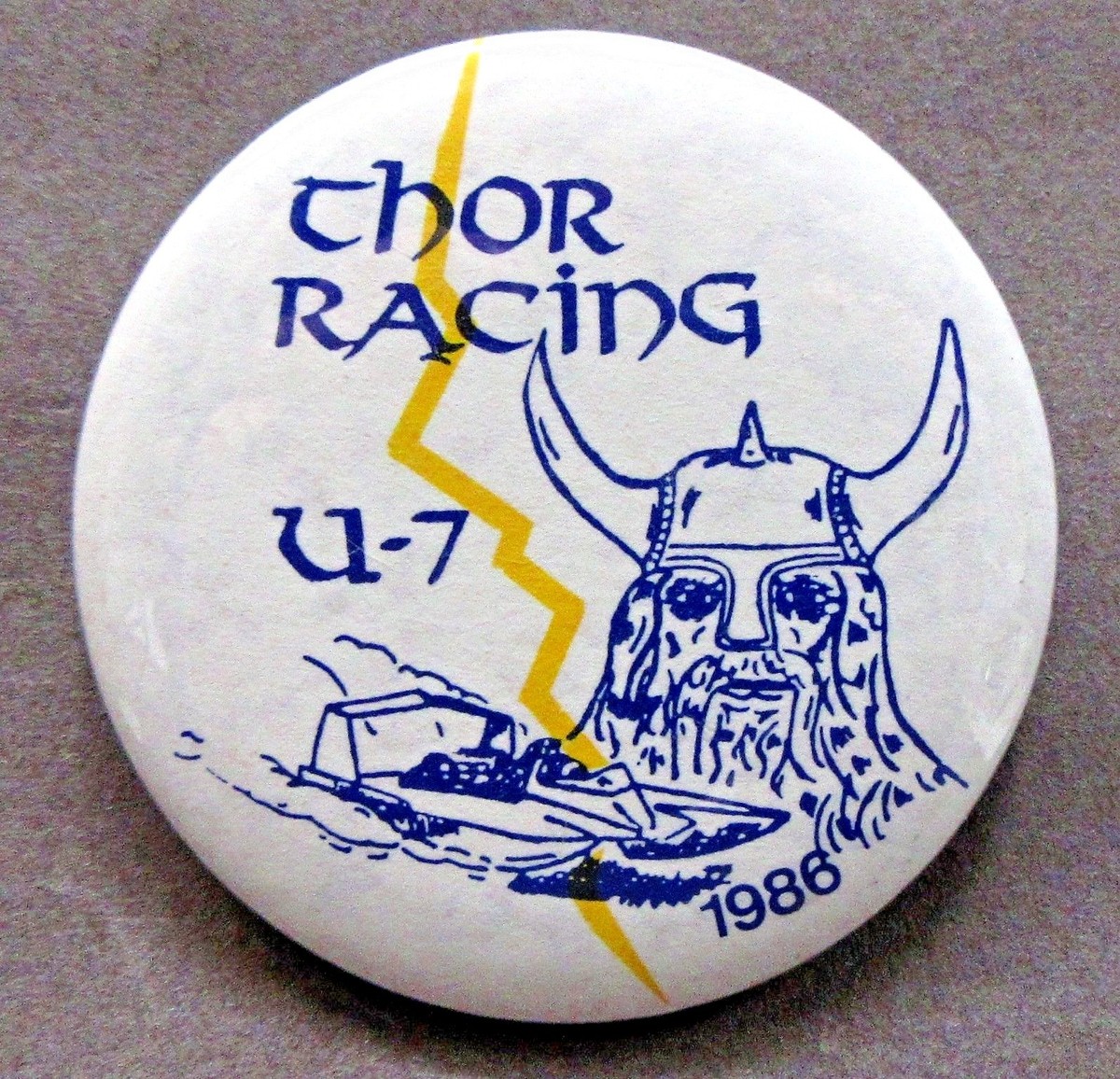 1986 THOR RACING U-7 yellow lightning bolt hydroplane boat pinback