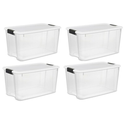 Sterilite Large 70 Qt Clear Base Ultra Latch Storage Container Box Tote (4 Pack)