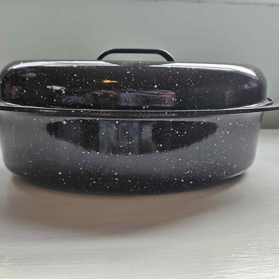 Vintage Black Roaster Pan Speckled Enamel Granite Ware Roasting Pan