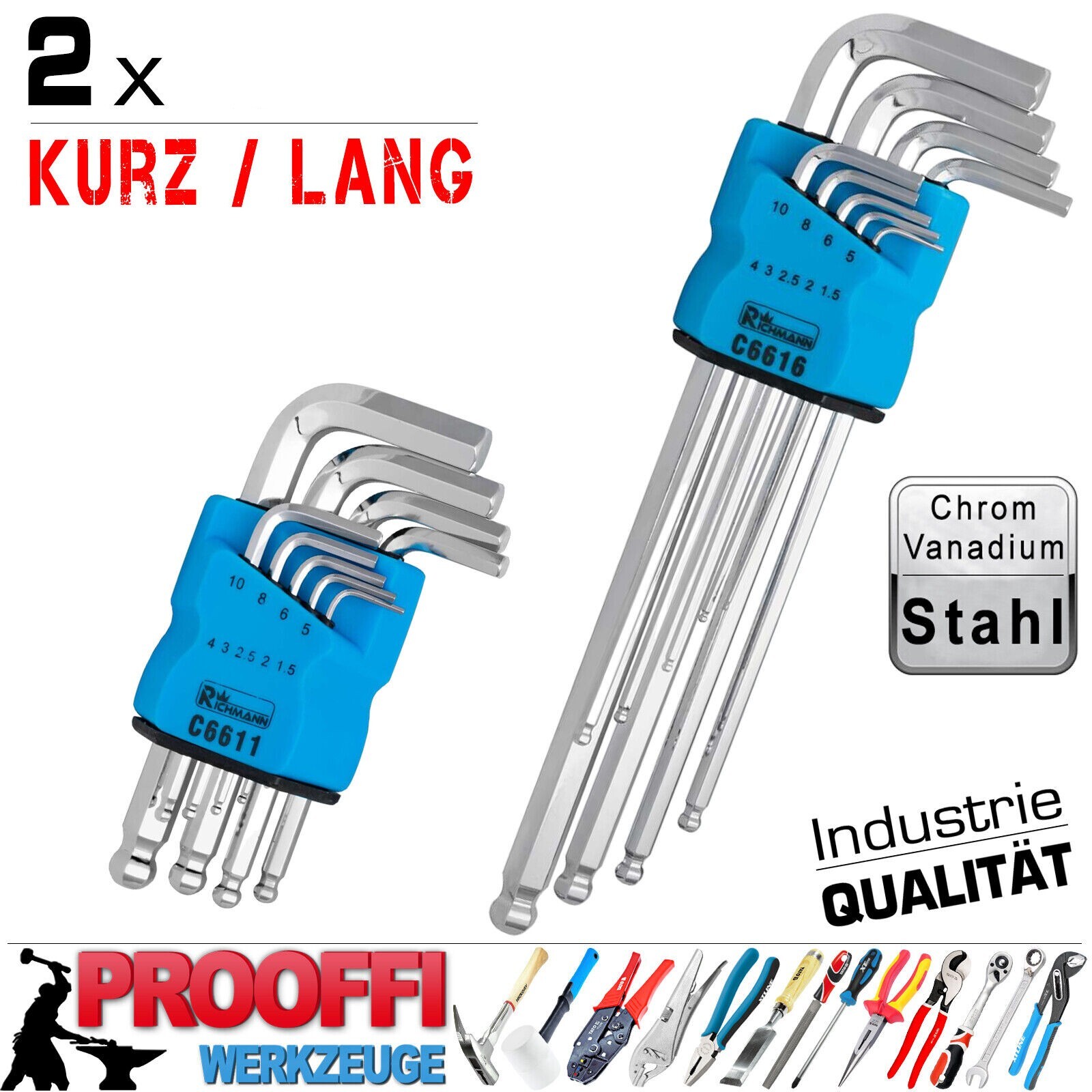2 x Innensechskant Winkel Schlüssel Sets Kurz Lang 1.5 - 10mm Für Inbus Schraube