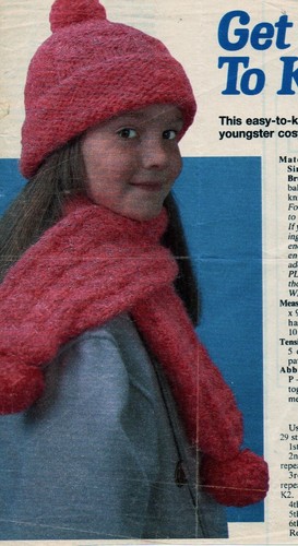 ~ Laminated Vintage Knitting Pattern For Child's Cosy Pompom Hat & Scarf Set ~