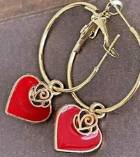 Red Heart and Gold Hoop Earrings. Love. Adore. Romance.
