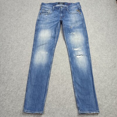 Replay Anbass Herren Jeans W30 L32 Blau Slim Zerrissen Zerstört Zip Fliege M914