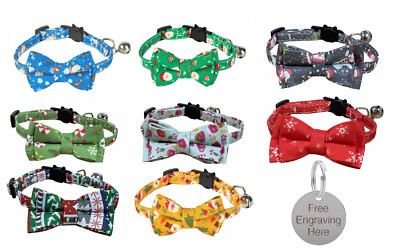 Festliches Weihnachtshalsband Katze Kätzchen mit Fliege & personalisiertem 25 mm silbernem Etikett