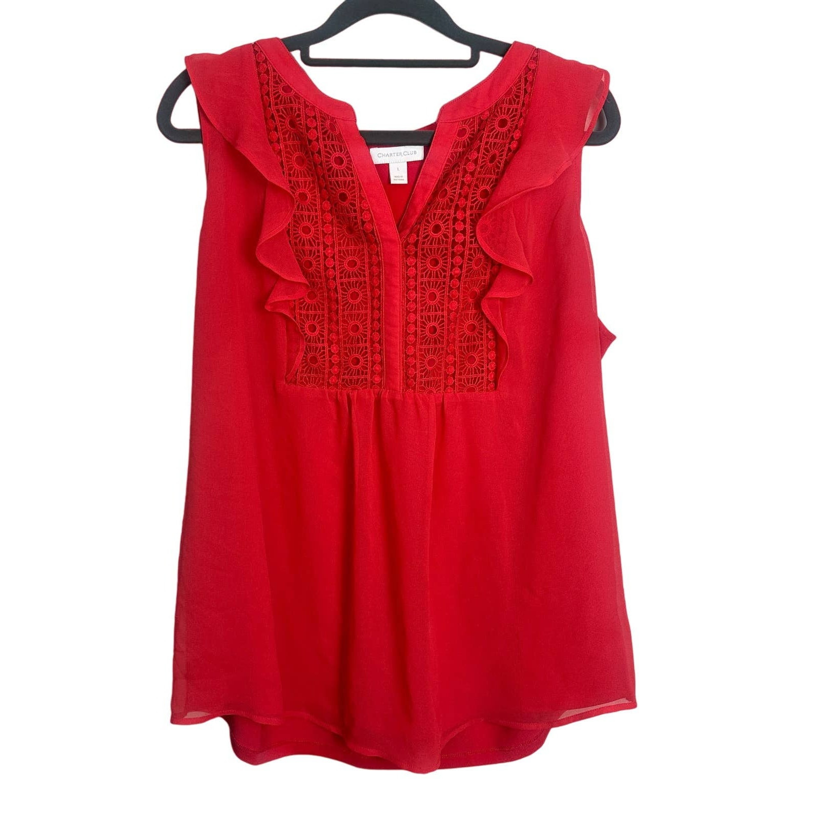 Charter Club Coral Red Ruffle Crochet Bib Chiffon Sleeveless Blouse Top L Large