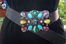 4 Handmade Southwestern Turquoise Pink Opal Jasper Malachite Cluster Belt Buckle