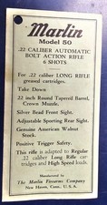 Rare Vintage Marlin Model 50 .22 Rifle Factory Hang Tag Manual Target Sights