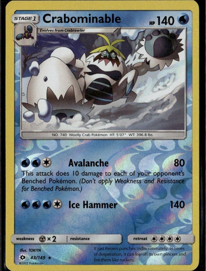 Crabominable Rare SM Base Set 43/149 Water Reverse Holo Pokemon Card