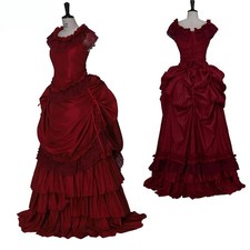 Victorian Bustle Wedding Dresses Red Satin Civil War Southern Belle Ball Gown
