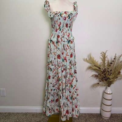 Abel The Label Anthropologie Size M Sage Green Floral Smocked Tiered Maxi Dress