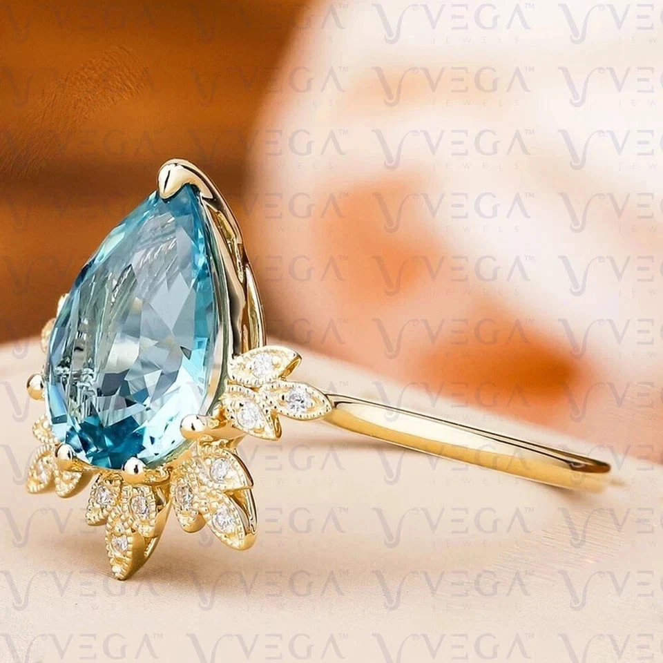 Anel de casamento feminino 3,10 quilates corte pera natural água-marinha ouro amarelo 14k sólido - Imagem 3 de 4