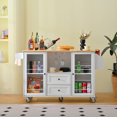 Kitchen Storage Cart W Wheels Features a Foldable Table Top Includes 2 Drawers
