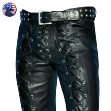 Men s Black Genuine Soft Cowhide Leather Lace Up Pants Motorcycle Biker Trousers