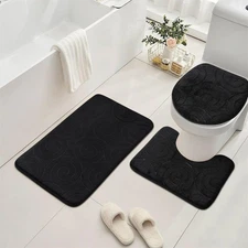 3 Piece Memory Foam Bath Rug Set, Black, Non-Slip, Absorbent, U-Shaped Mat