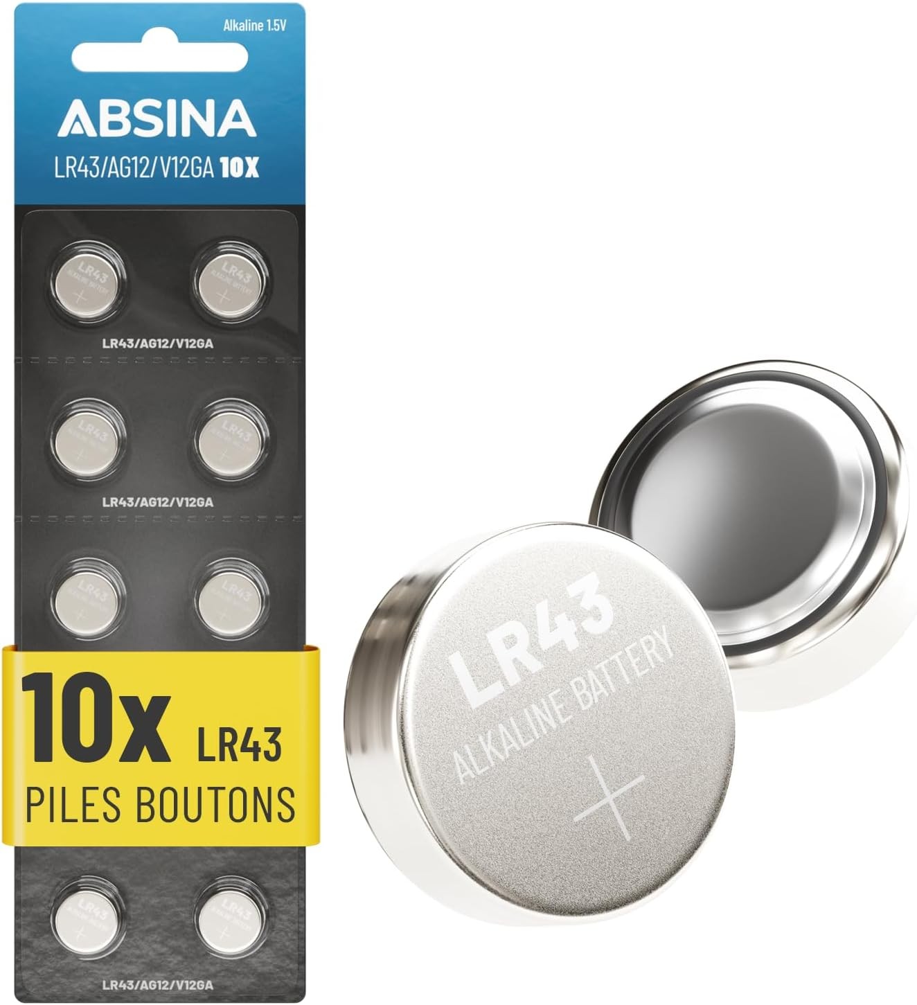 ABSINA AG12 LR43 15V 알카라인 장수명 버튼형 배터리 10개입 (시계용)