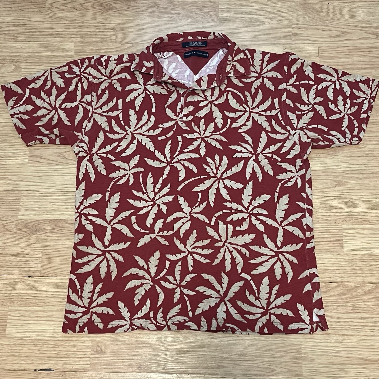 Vintage Tommy Hilfiger Polo Shirt Mens Size Large Cotton Palm Trees Hawaiian