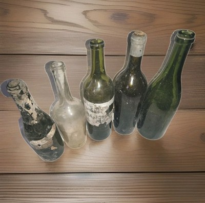 5 Marked Rare Bottle Bundle Glass Wine Brand Antique Collectors Original Demolition