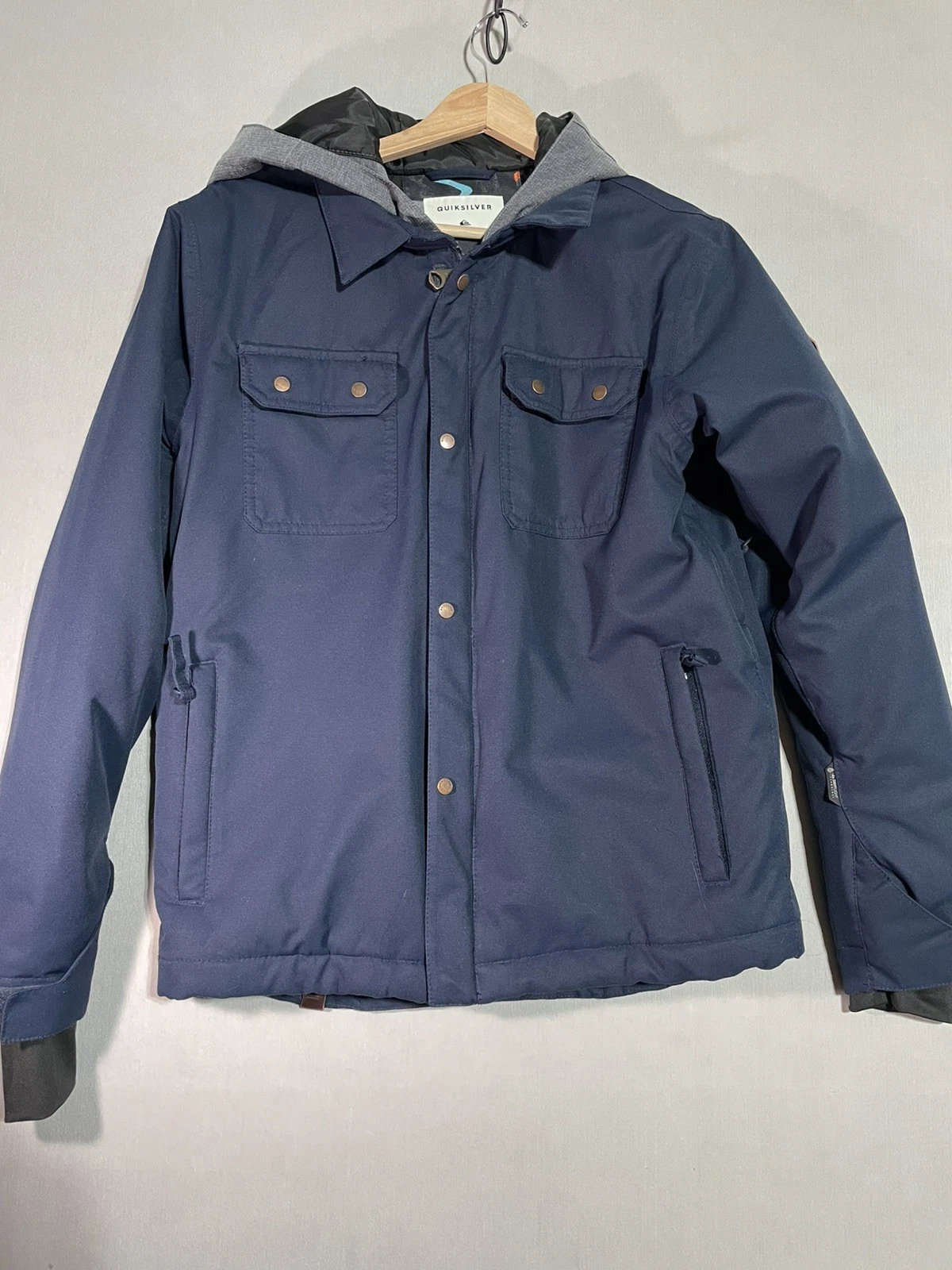 Quiksilver Boys Ski Jacket 12 Large DryFlight 10K Hooded Blue Coat Snowboarding