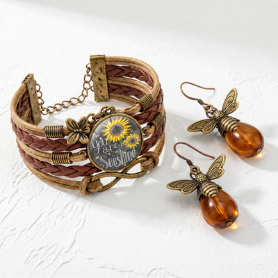 Sunflower Boho Bracelet & Bee Earrings Set Women Gold Tone Vintage Gift Bundle