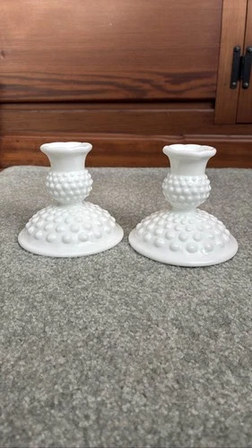 Fenton White Milk Glass Hobnail Candle Holders Taper Stick Set