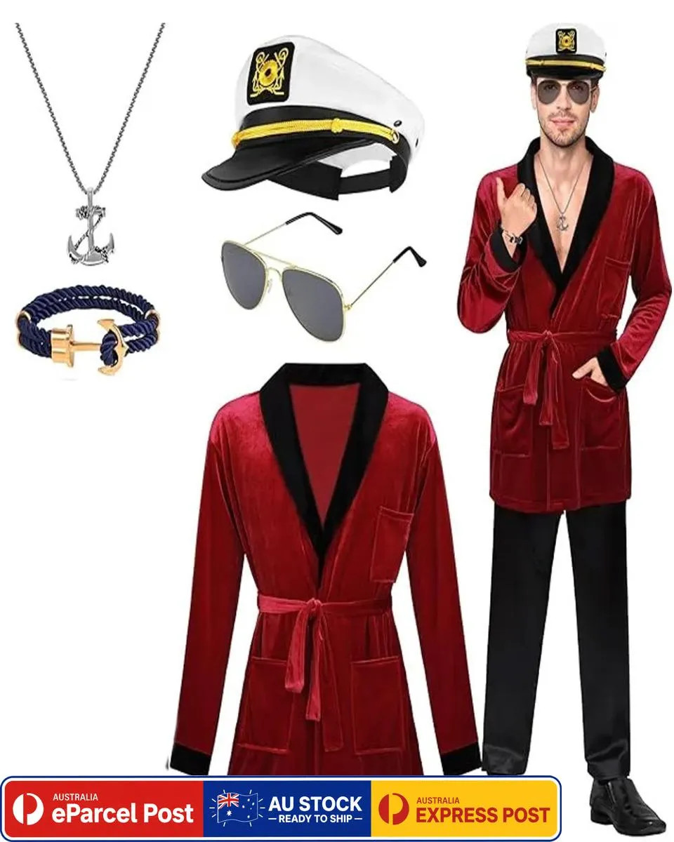 N1955 Smoking Jacket Robe Hugh Hefner Mens Captain Costume Hat Jewellery Glasses