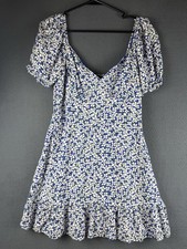 LULUS Grateful Feelings Blue Floral Print Puff Sleeve Mini Dress sweetheart M