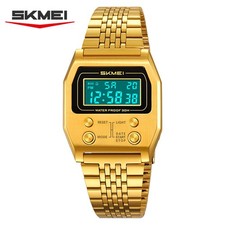 SKMEI Men Square Watch Gold Steel Male Wristwatch Boys Digital LED Sport Watches