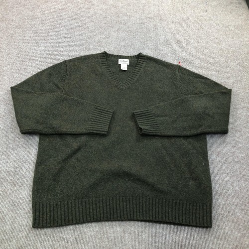 L.L. Bean Sweater Mens Large Green Shetland Wool V Neck Knit Pullover Winter